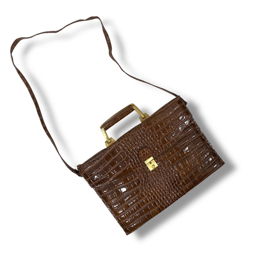Vintage Vivaci‎ Brown Faux Alligator Croc Embossed Attache Handbag 80s Rare EUC